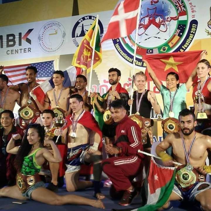 Group of champions on the podium with flags