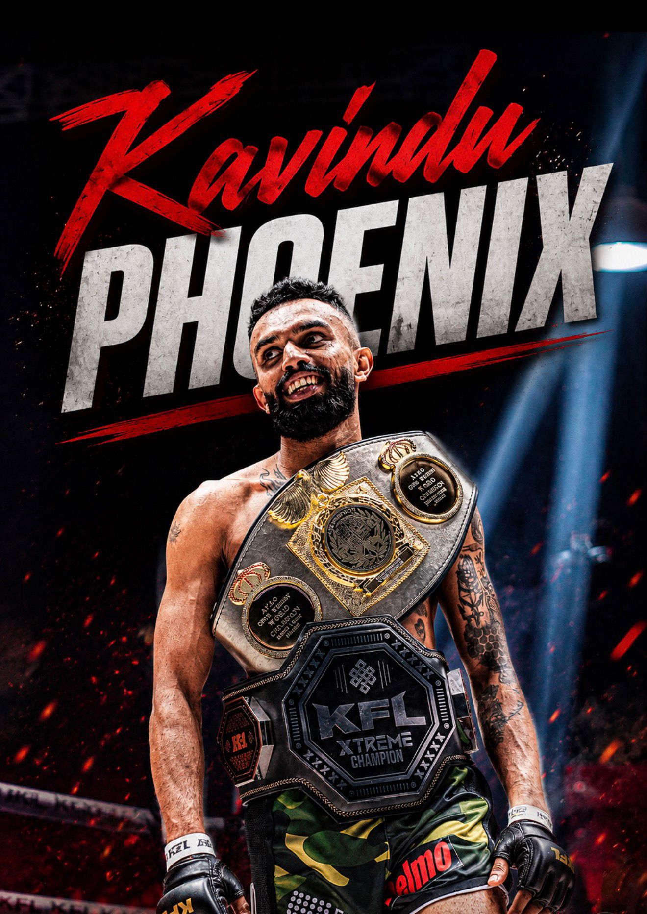 BPFA fighter Kavindu Phoenix holding the KFL Xtreme championship belt